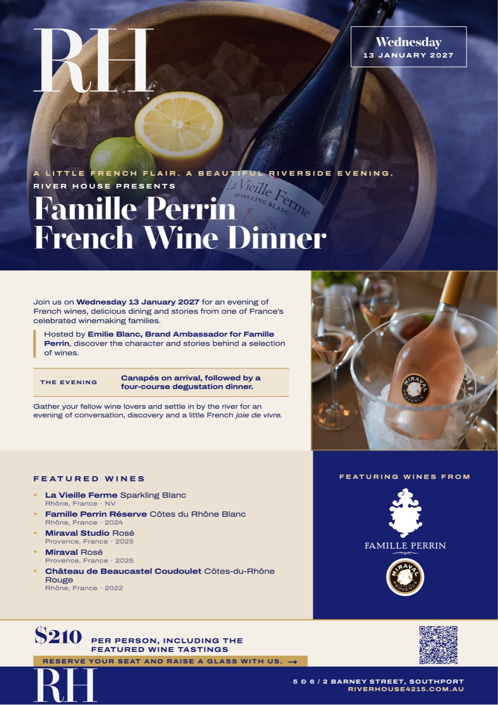 Famille Perrin French Wine Dinner flyer for Wednesday 13 January 2027 at River House