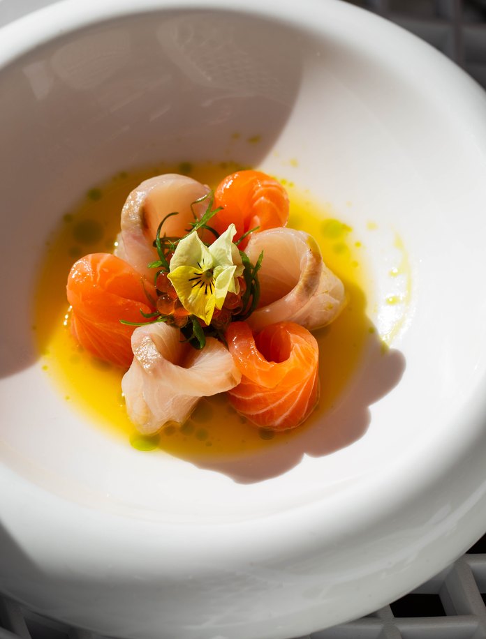 Crudo duo of Tasmanian salmon and scallop in orange ponzu