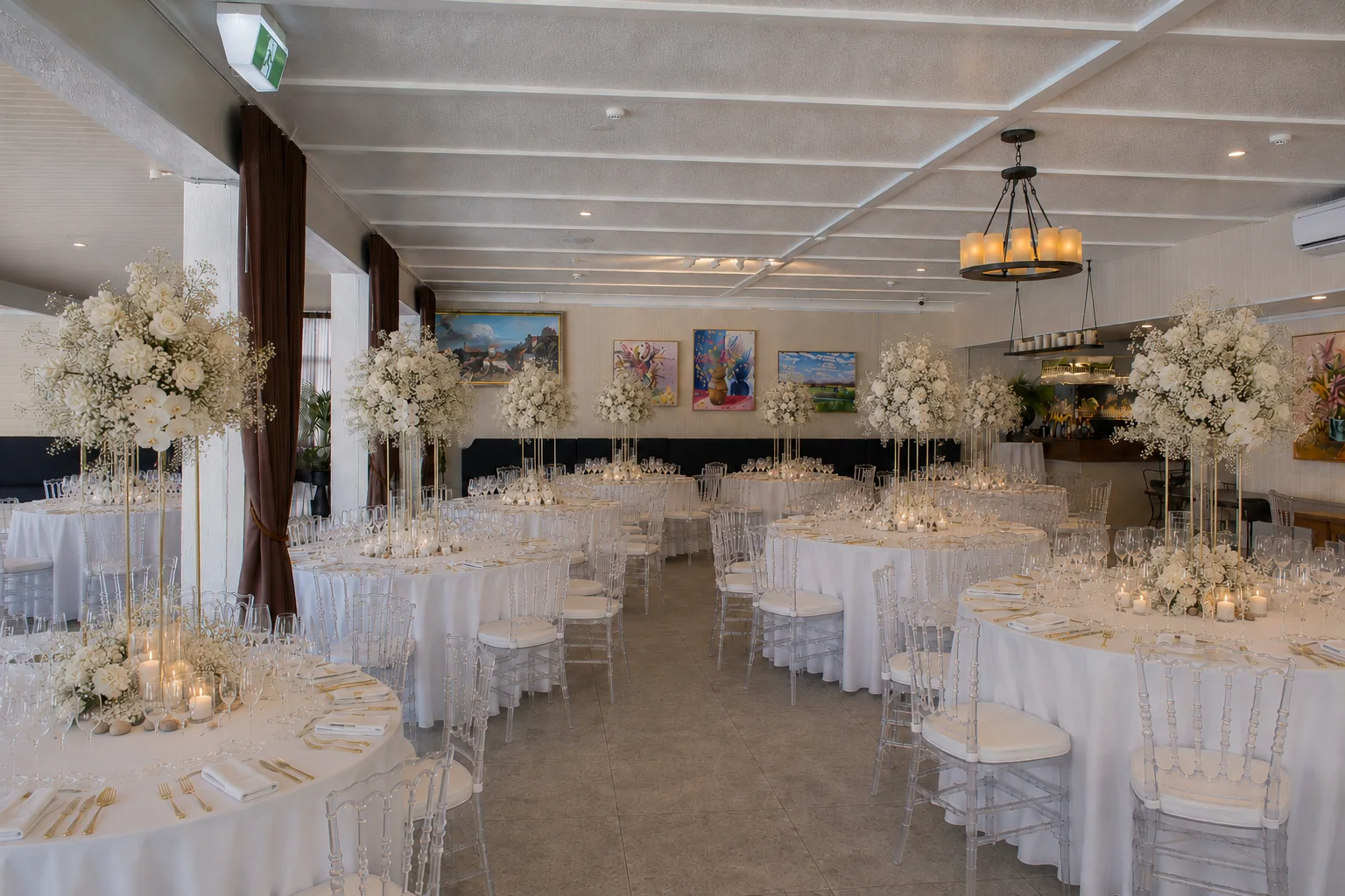 River House wedding reception with round tables and tall white floral arrangements