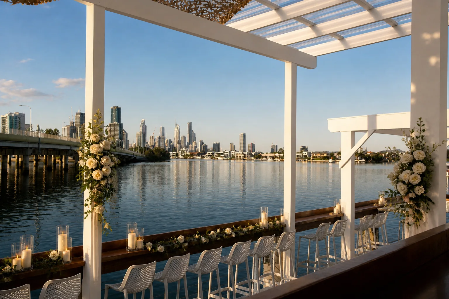 River House waterfront wedding ceremony set with white roses and candles